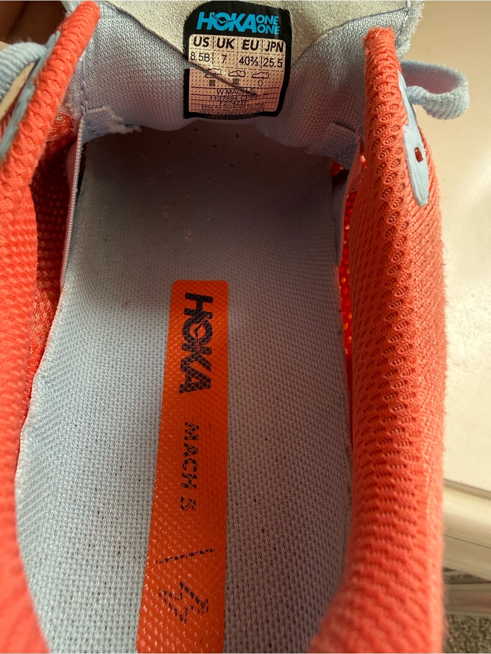 Hoka Mach 5 Women size 8.5 Coral Orange Running Shoes with Light Blue Accents - Picture 7 of 8